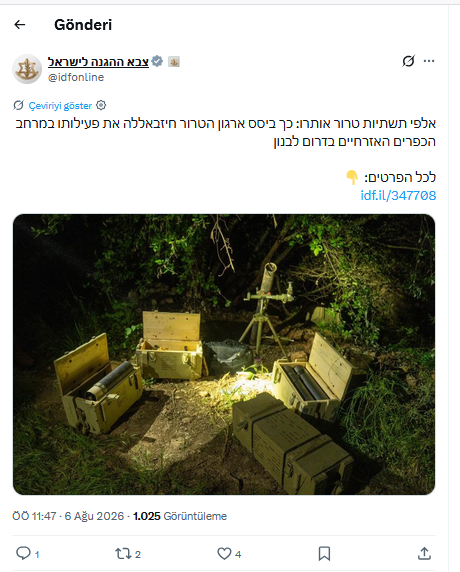 IDF: Güney Lübnan’da binlerce Hizbullah altyapısı tespit edildi
